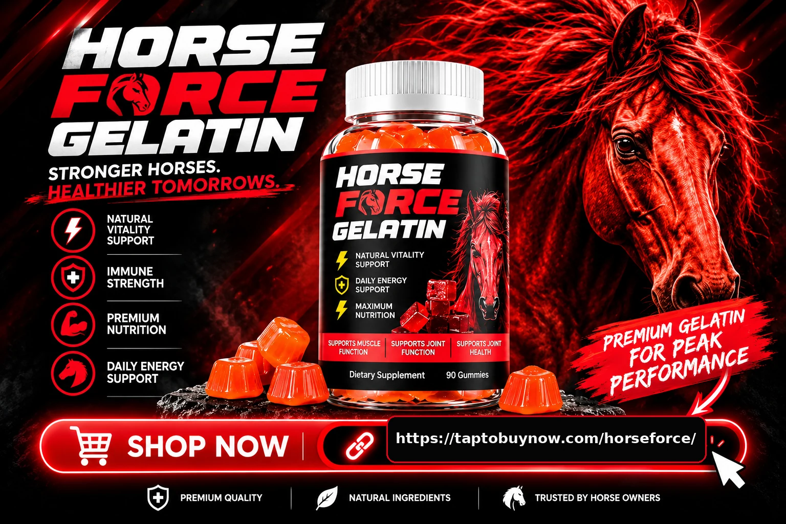Horse Force Gummies promotional banner with corrected offer URL